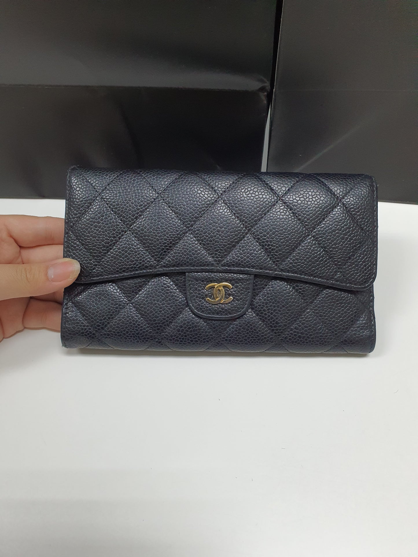 CC Black Caviar Trifold Long Wallet (GHW)