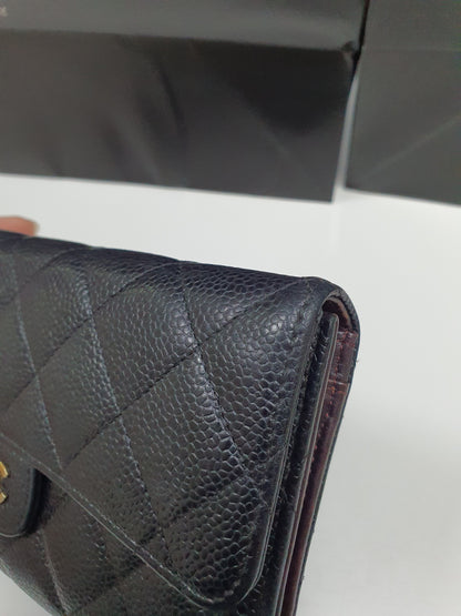 CC Black Caviar Trifold Long Wallet (GHW)
