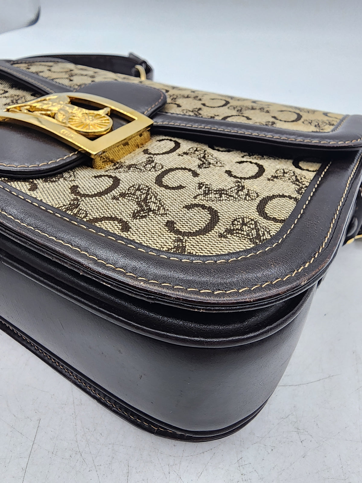 Celine Brown Macadam Canvas Vintage Horse Carriage Bag (GHW)