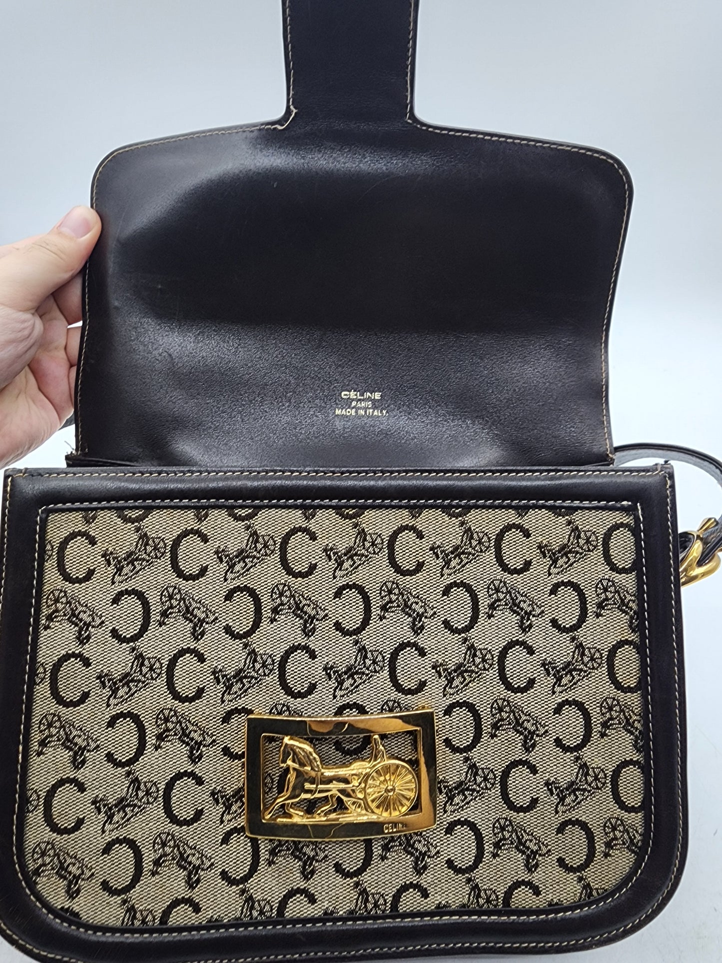 Celine Brown Macadam Canvas Vintage Horse Carriage Bag (GHW)