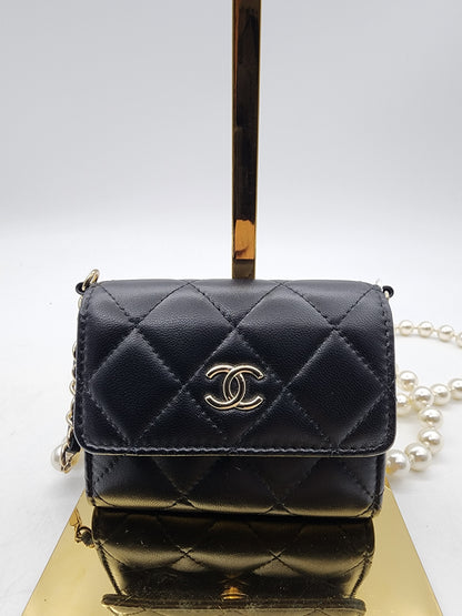 Black Lambskin Pearl Strap Card Holder