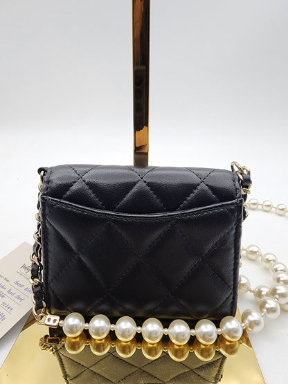 Black Lambskin Pearl Strap Card Holder