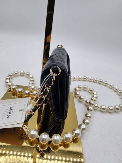 Black Lambskin Pearl Strap Card Holder
