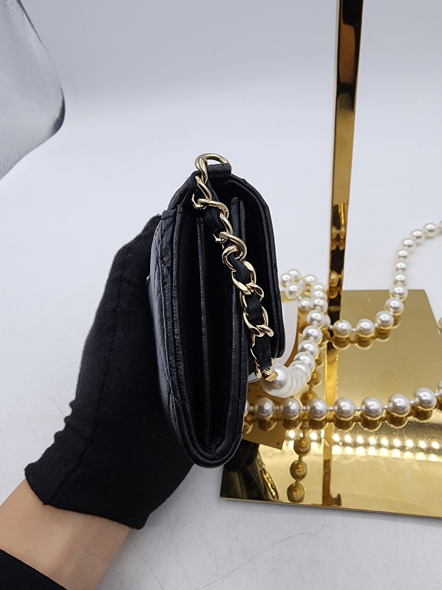 Black Lambskin Pearl Strap Card Holder
