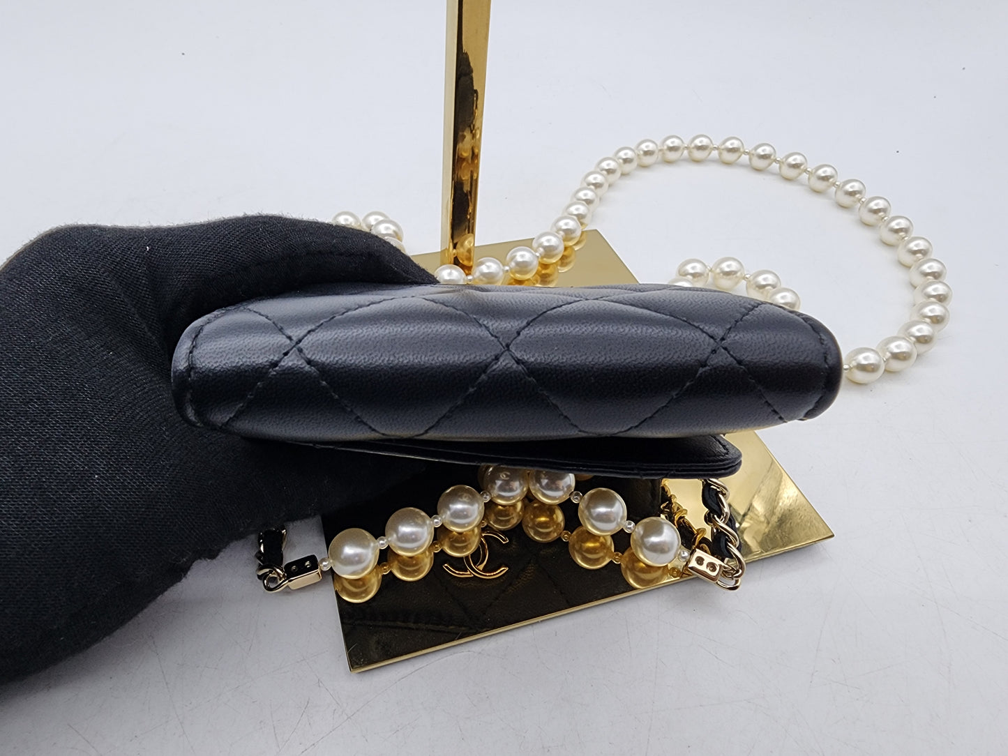 Black Lambskin Pearl Strap Card Holder