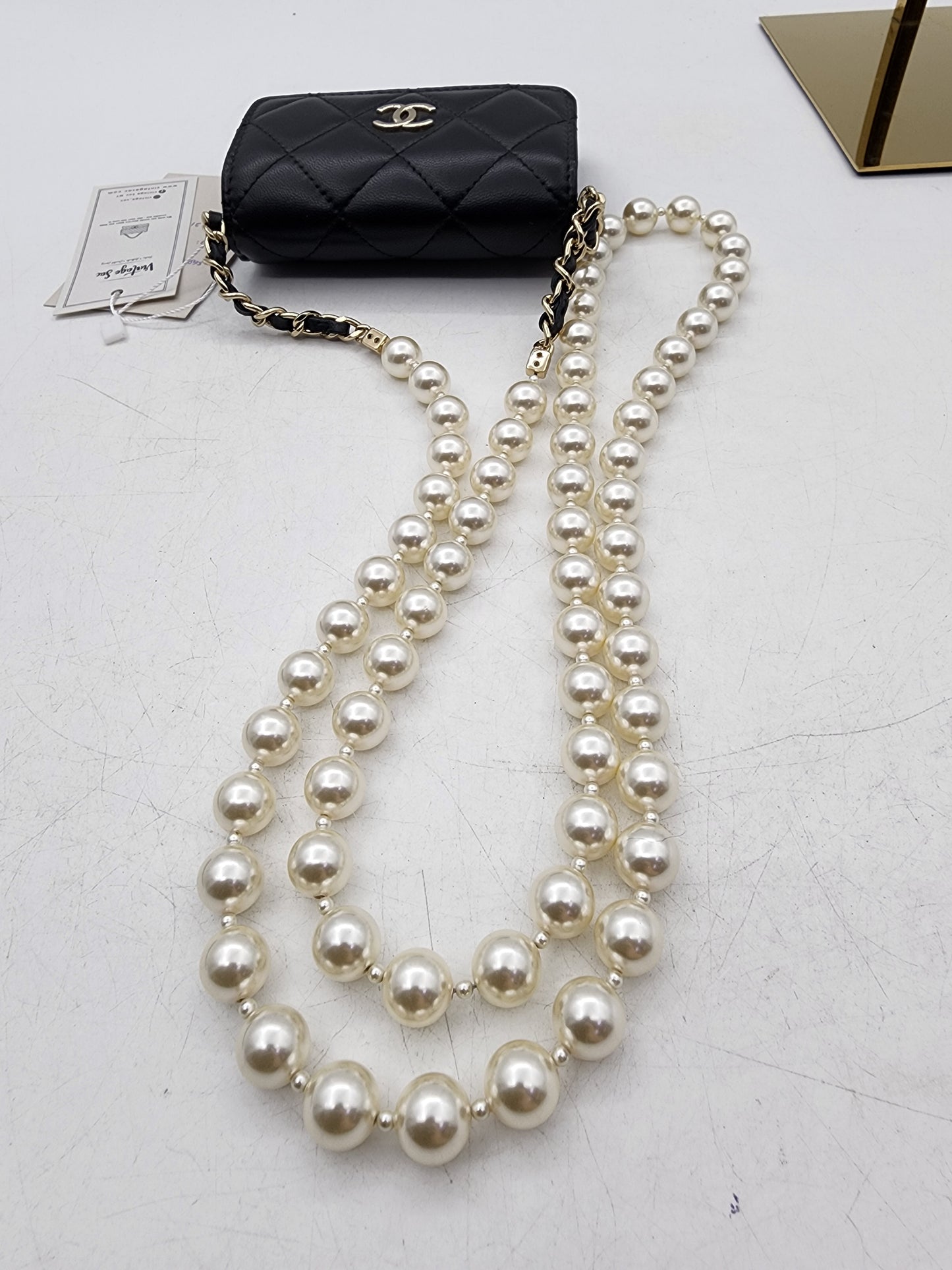 Black Lambskin Pearl Strap Card Holder