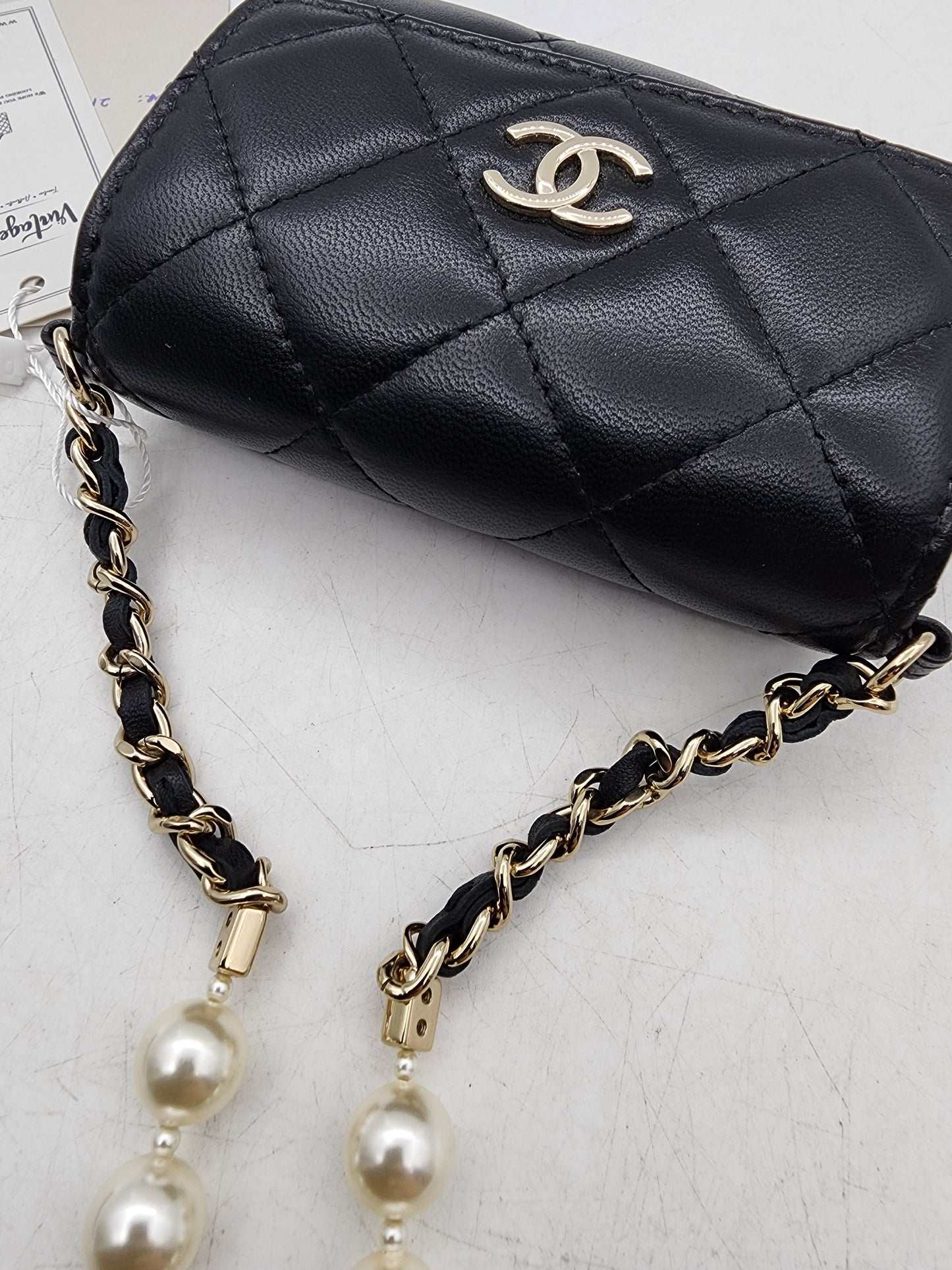 Black Lambskin Pearl Strap Card Holder