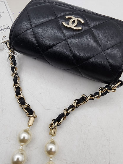 Black Lambskin Pearl Strap Card Holder