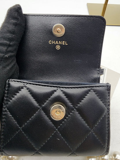 Black Lambskin Pearl Strap Card Holder