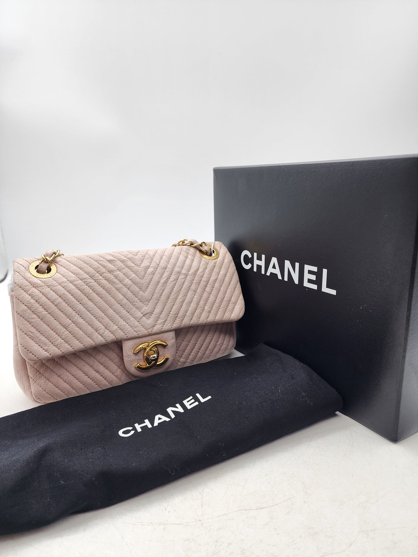 Chanel Soft Pink Aged Calfskin Chevron Medallion Charm Flap Bag GHW