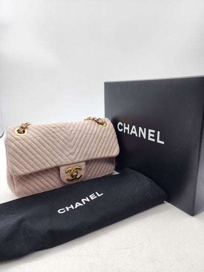 Chanel Soft Pink Aged Calfskin Chevron Medallion Charm Flap Bag GHW