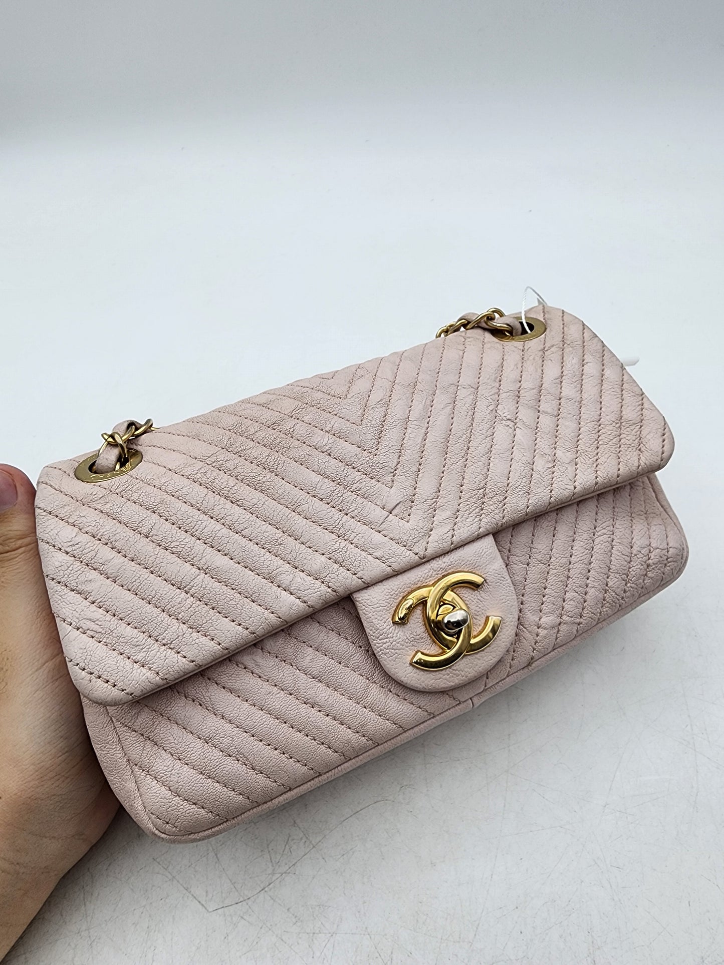 Chanel Soft Pink Aged Calfskin Chevron Medallion Charm Flap Bag GHW