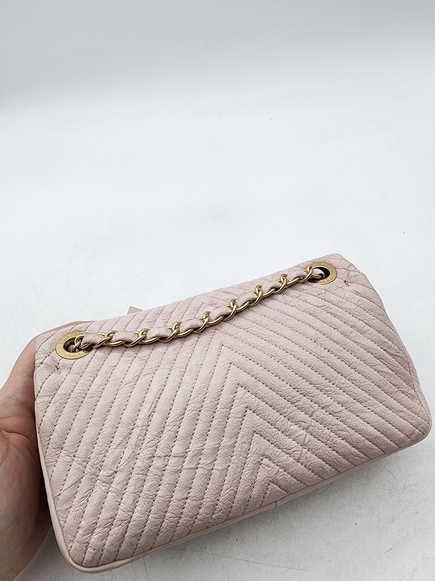 Chanel Soft Pink Aged Calfskin Chevron Medallion Charm Flap Bag GHW