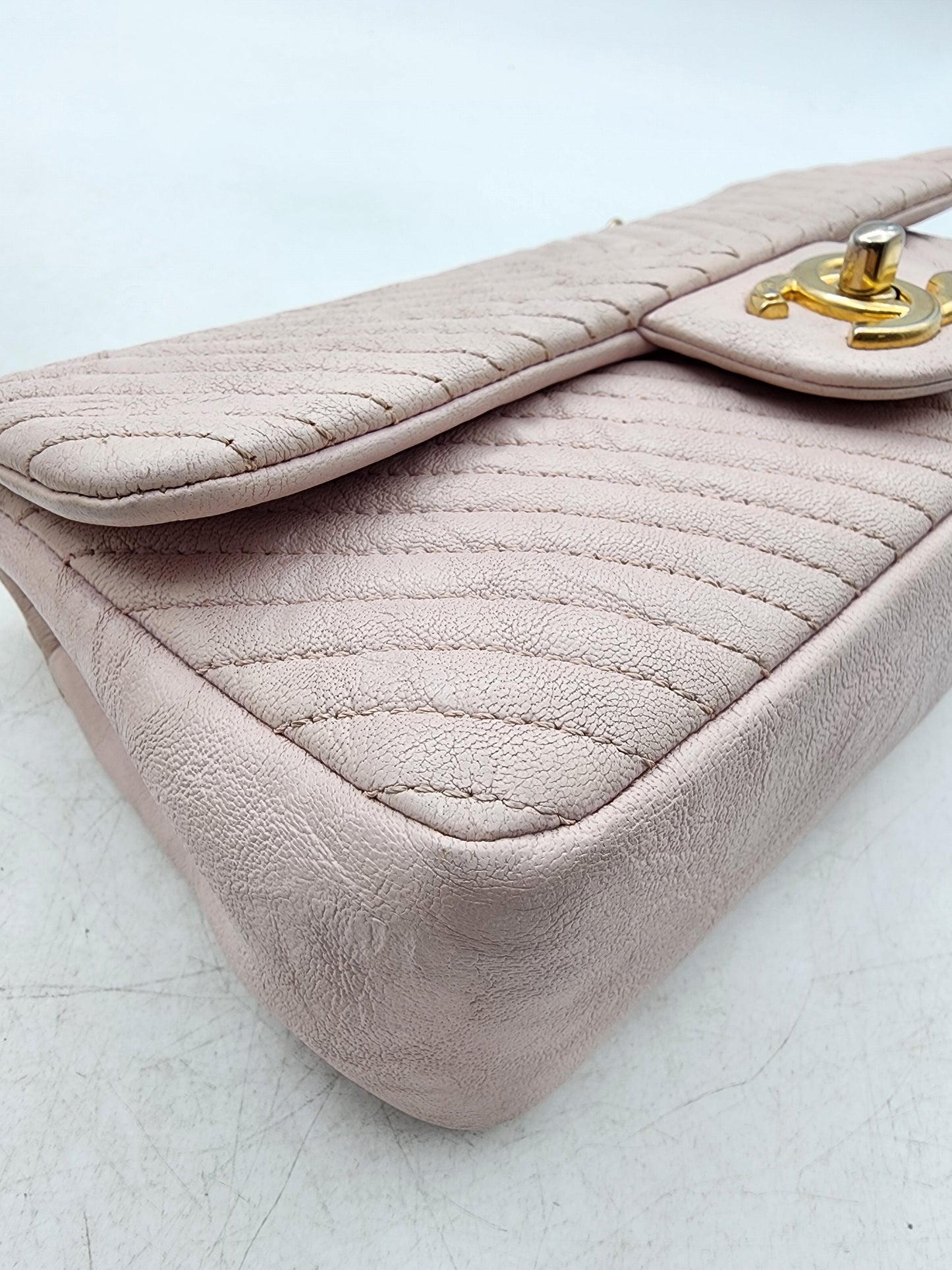 Chanel Soft Pink Aged Calfskin Chevron Medallion Charm Flap Bag GHW