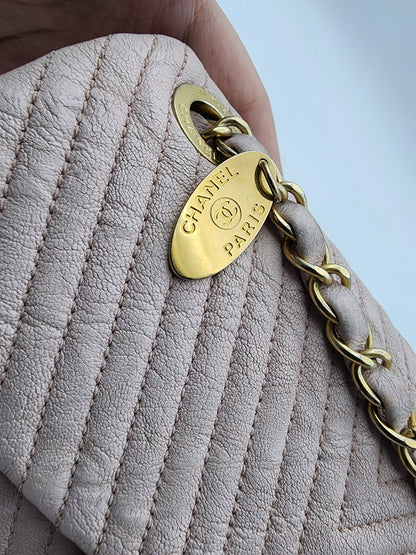 Chanel Soft Pink Aged Calfskin Chevron Medallion Charm Flap Bag GHW