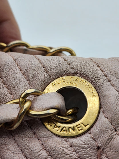 Chanel Soft Pink Aged Calfskin Chevron Medallion Charm Flap Bag GHW