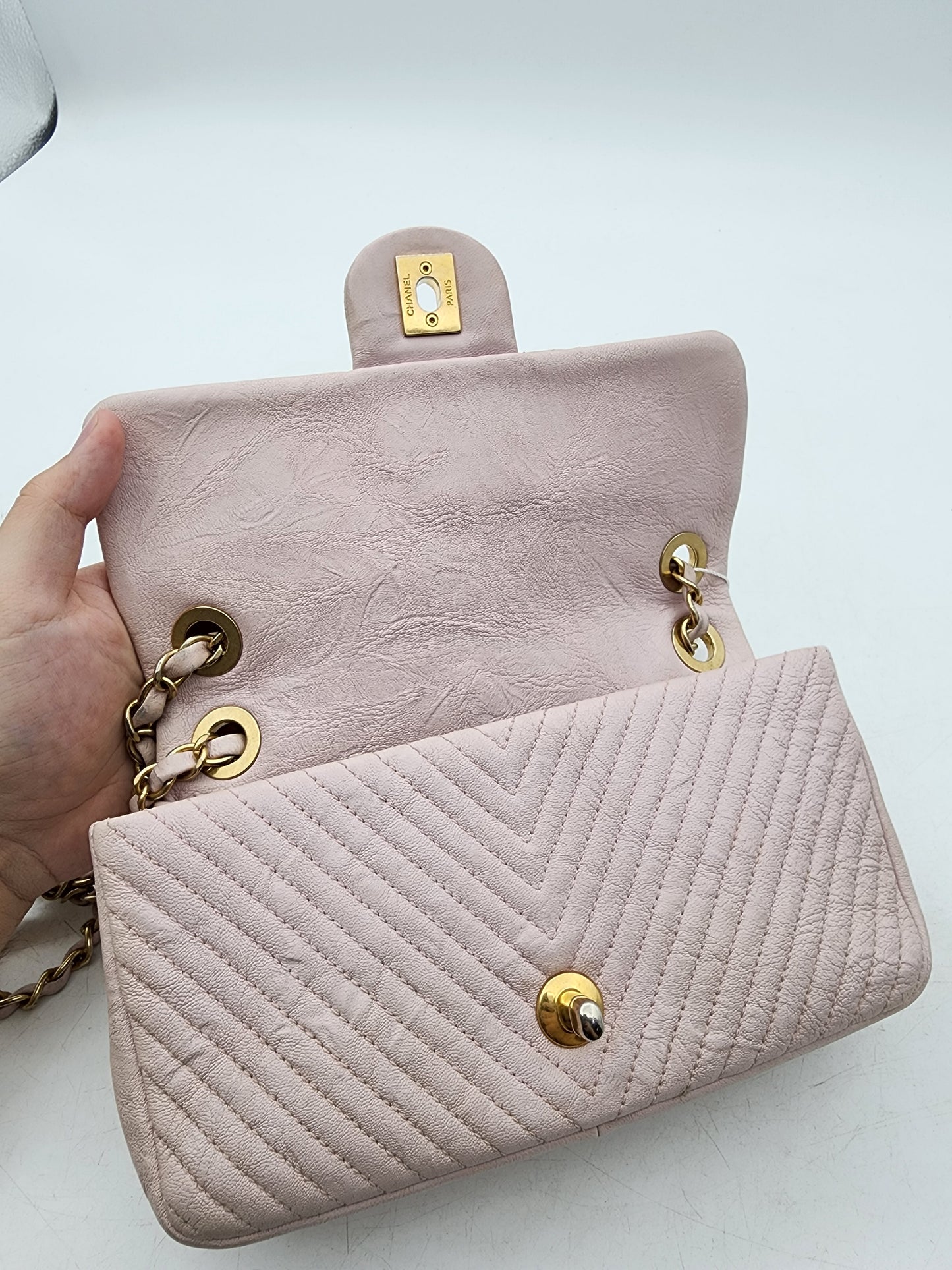 Chanel Soft Pink Aged Calfskin Chevron Medallion Charm Flap Bag GHW