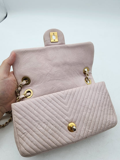 Chanel Soft Pink Aged Calfskin Chevron Medallion Charm Flap Bag GHW