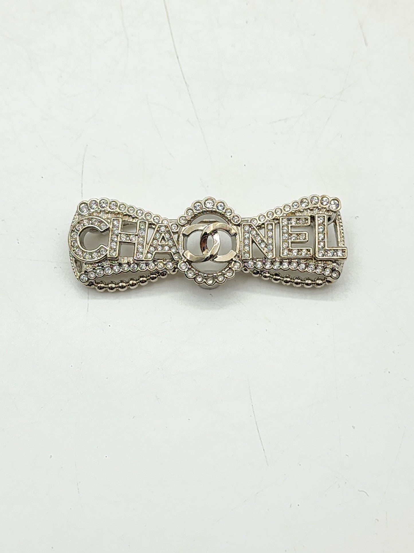 Chanel Silver Crystal Bow Brooch