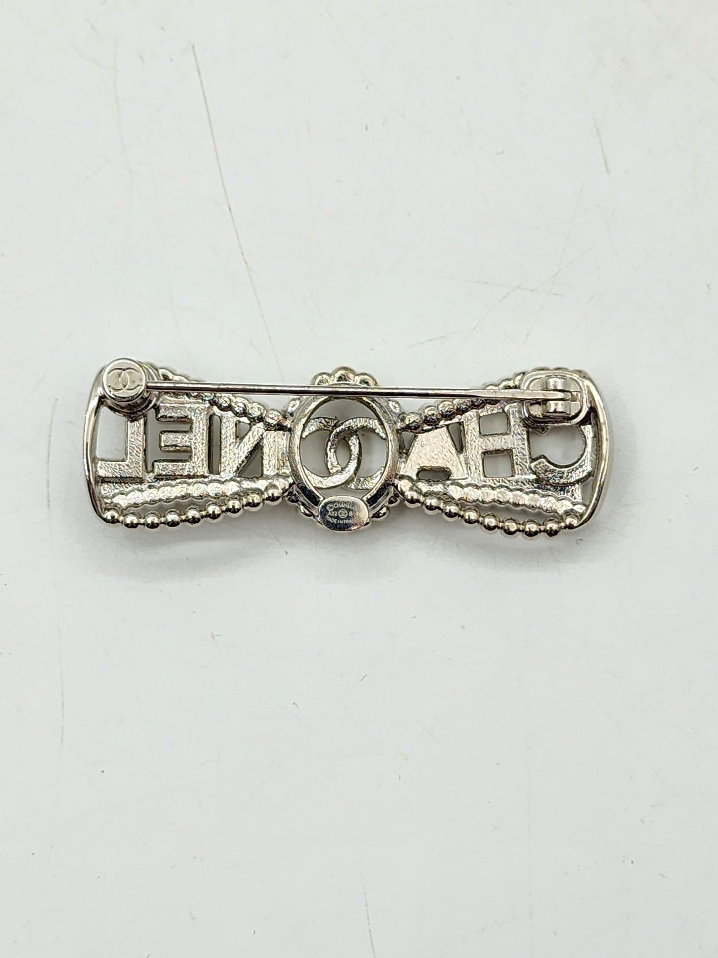 Chanel Silver Crystal Bow Brooch
