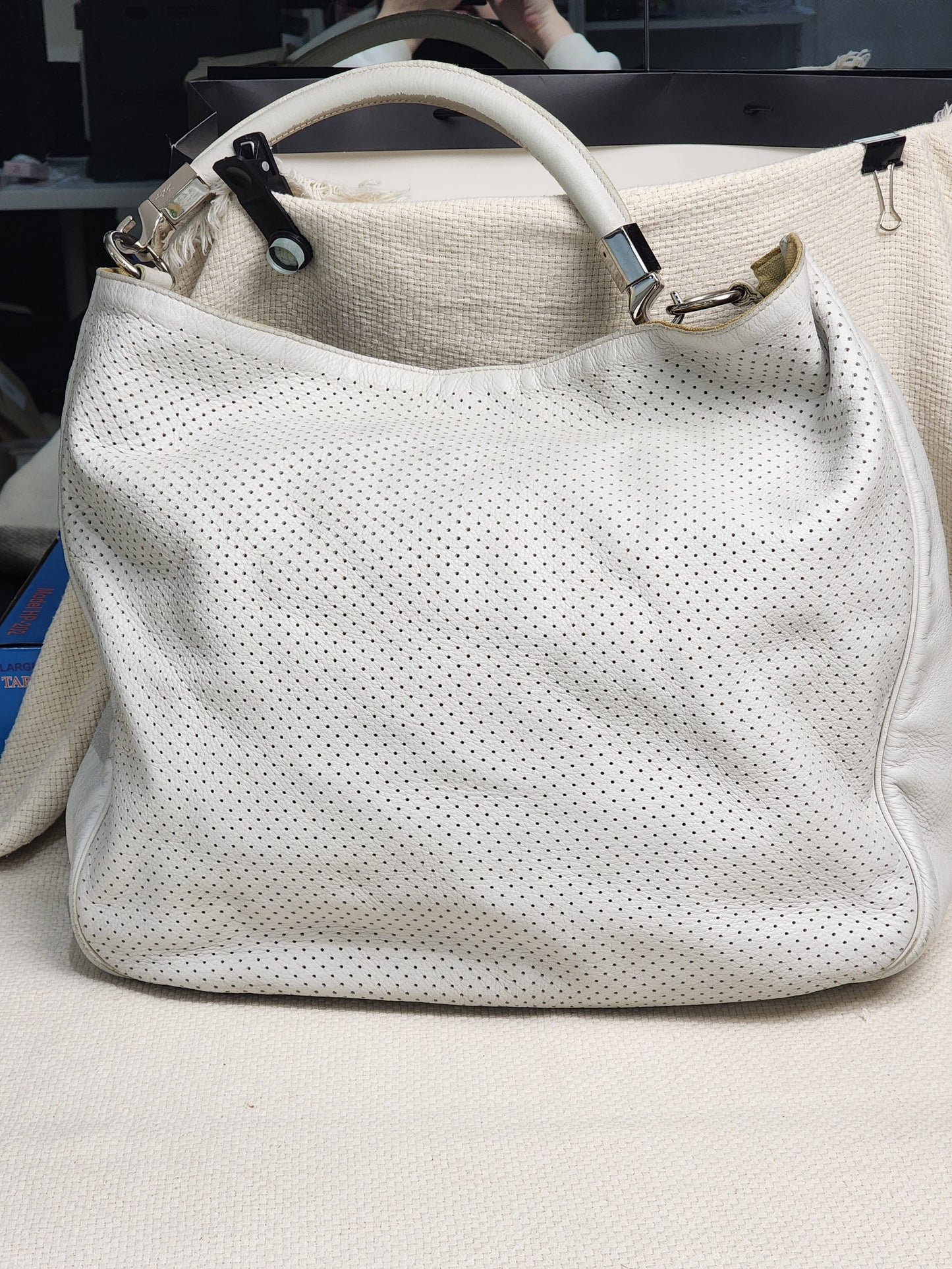 YSL White Perforated Leather Roady Hobo