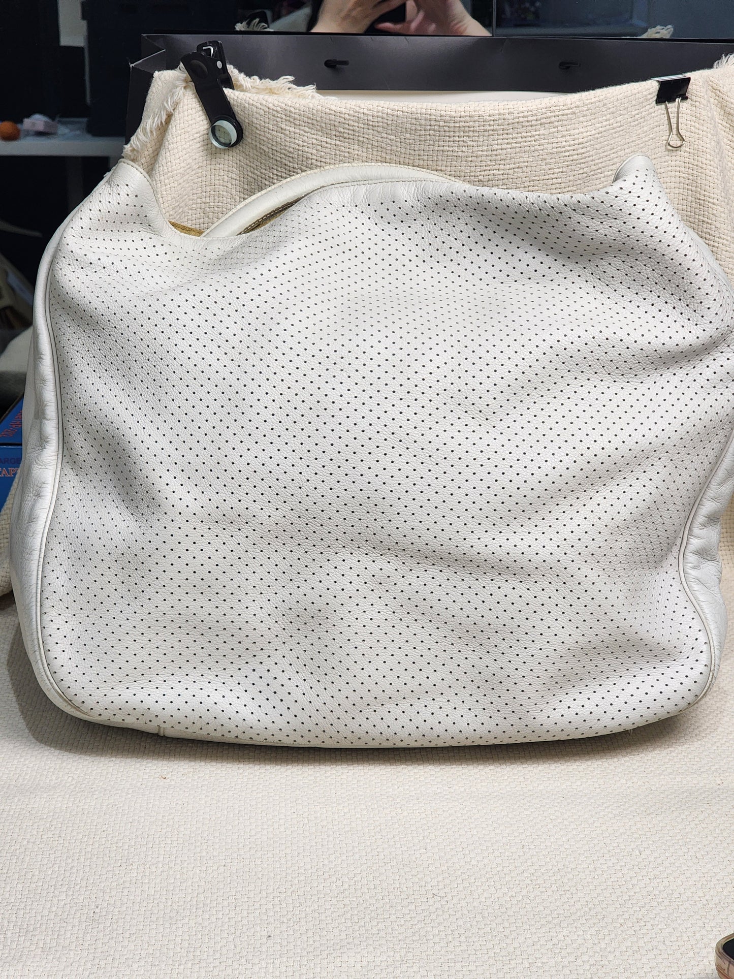 YSL White Perforated Leather Roady Hobo