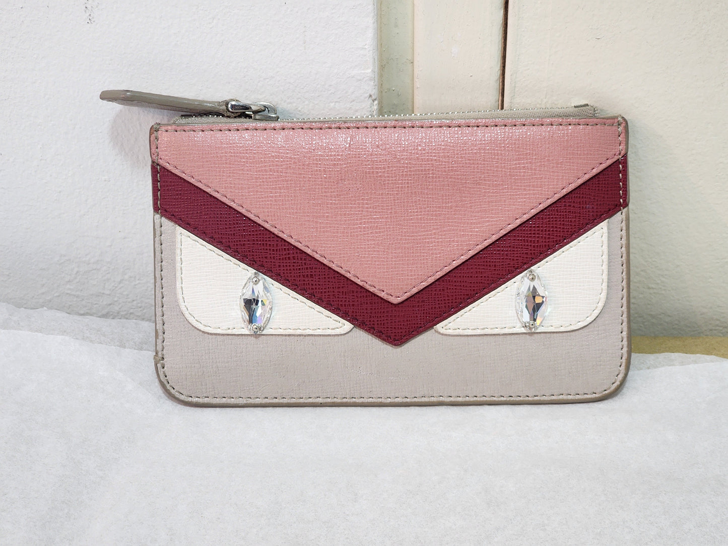 Fendi Beige Pink Monster Eyes Zipped Coin Pouch