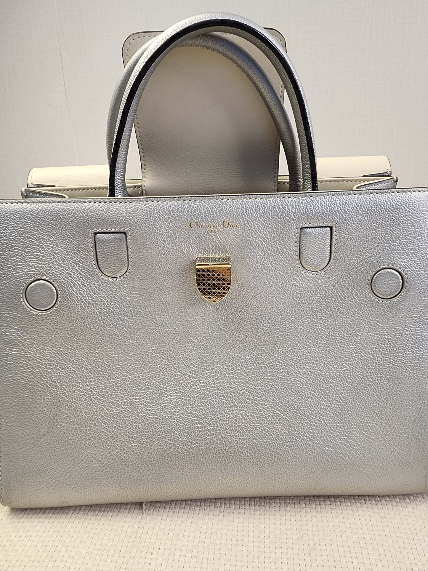 Dior Metallic Silver Calfskin Medium Diorever Tote (SHW)