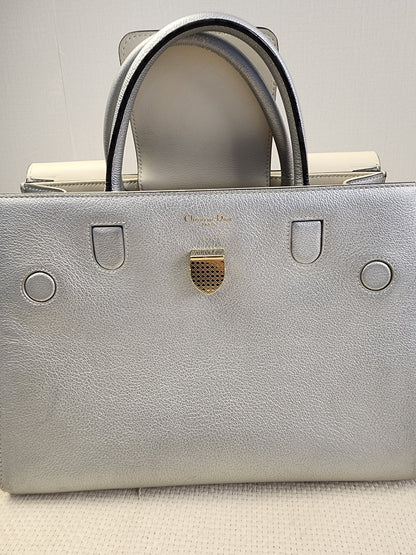 Dior Metallic Silver Calfskin Medium Diorever Tote (SHW)
