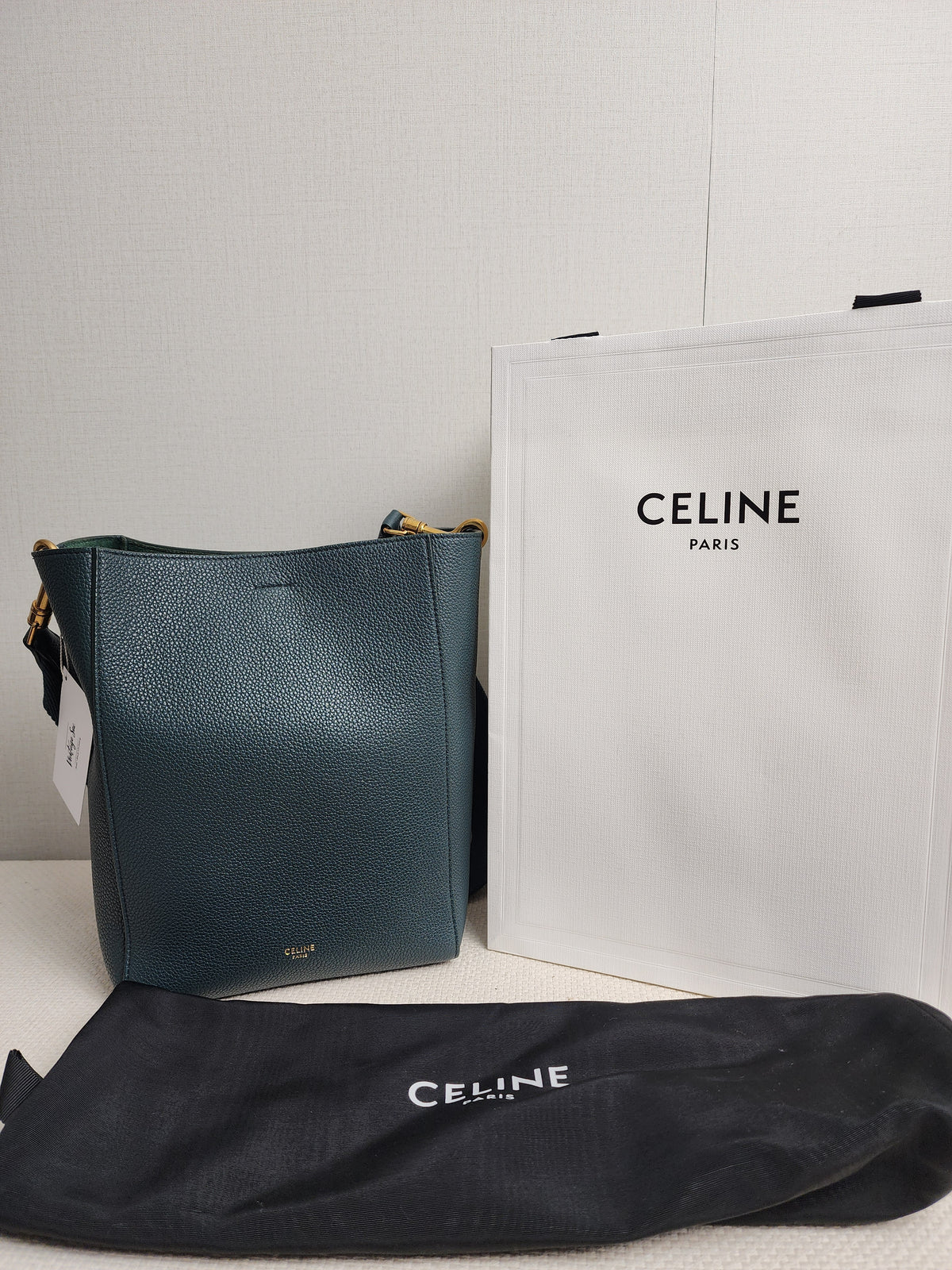 Celine Green Calfskin Small Sangle Bucket Bag (GHW)