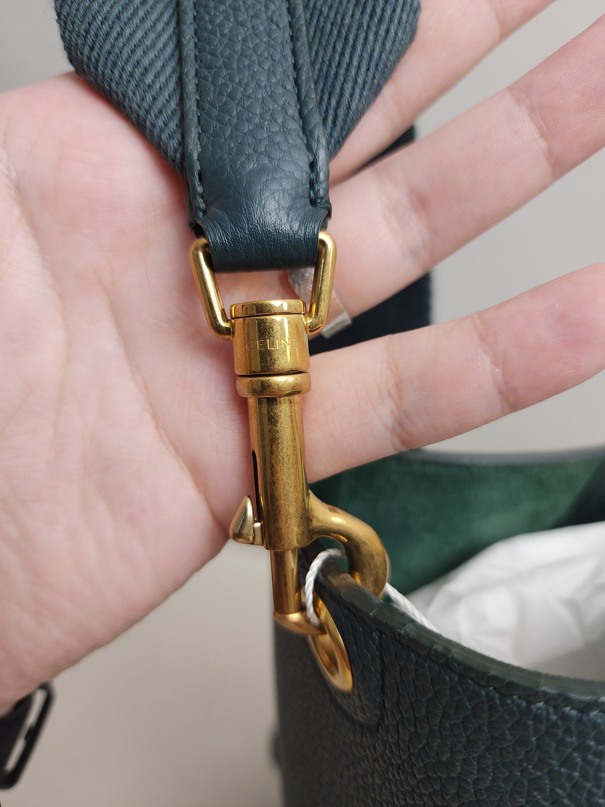 Celine Green Calfskin Small Sangle Bucket Bag (GHW)