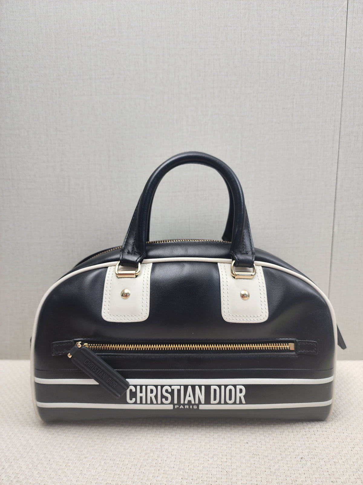 Dior Black x White Calfskin Small Vibe Zip Bowling Bag (GHW)