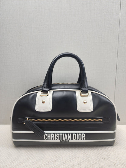Dior Black x White Calfskin Small Vibe Zip Bowling Bag (GHW)