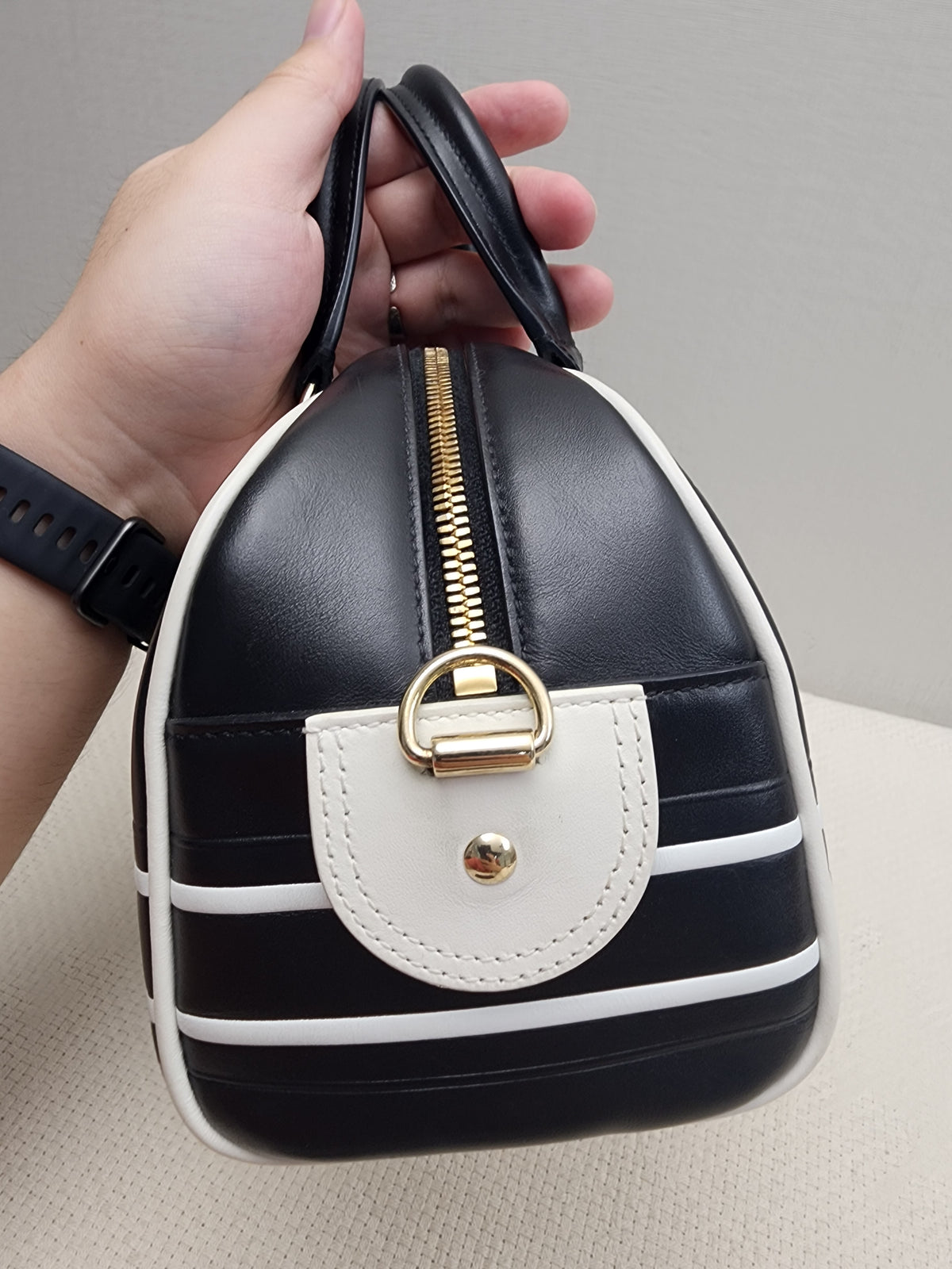 Dior Black x White Calfskin Small Vibe Zip Bowling Bag (GHW)
