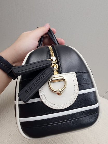 Dior Black x White Calfskin Small Vibe Zip Bowling Bag (GHW)