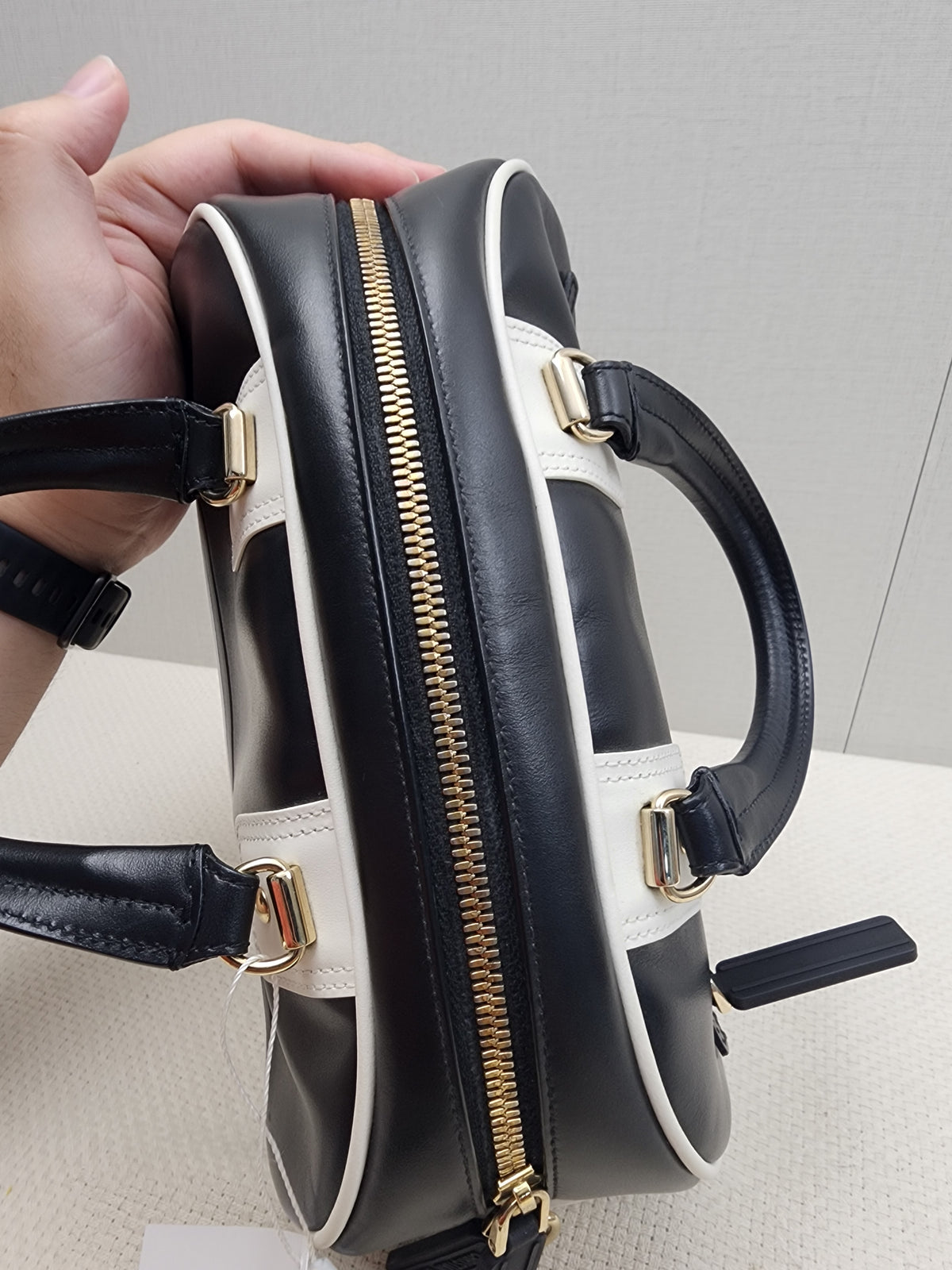 Dior Black x White Calfskin Small Vibe Zip Bowling Bag (GHW)
