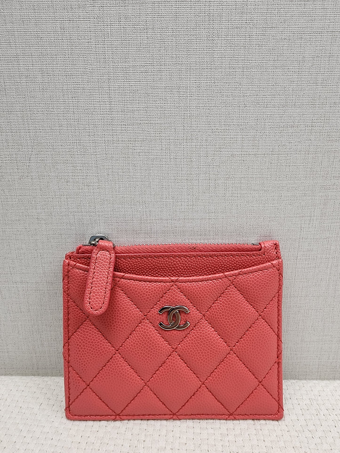 Chanel Coral Pink Caviar Zipped Card Holder (SHW)