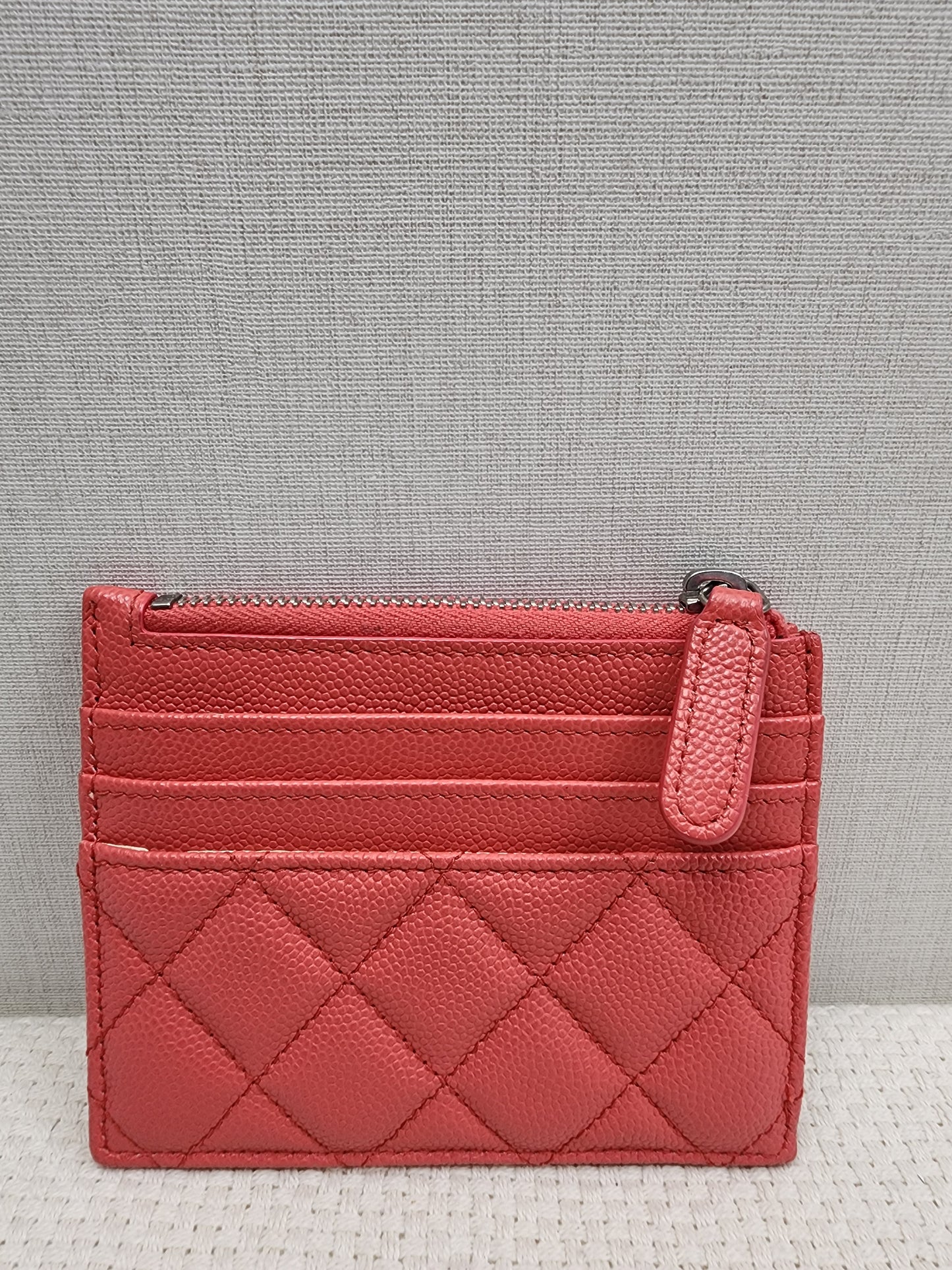Chanel Coral Pink Caviar Zipped Card Holder (SHW)