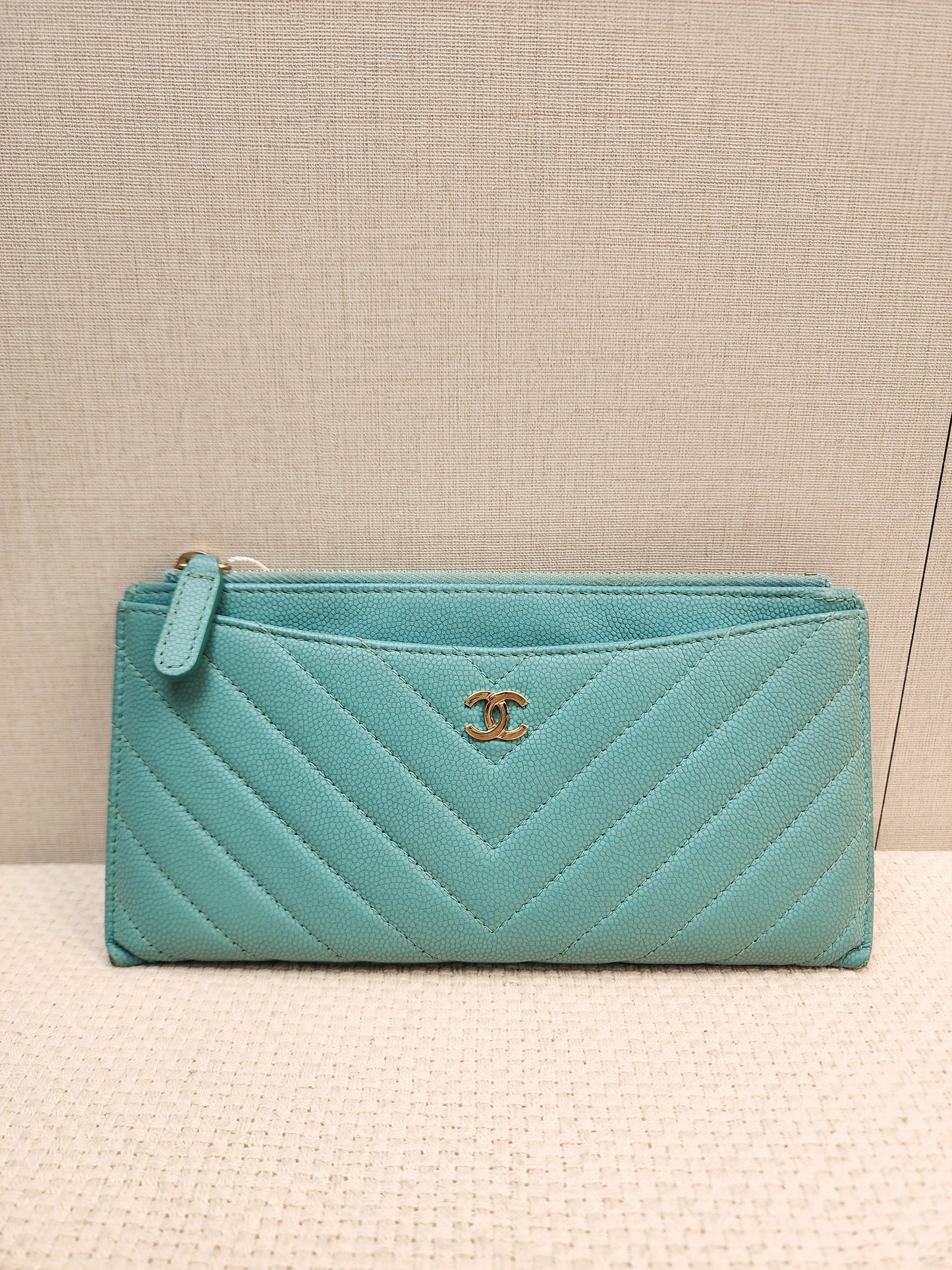 Chanel Turquoise Caviar Zip Slim Wallet (LGHW)