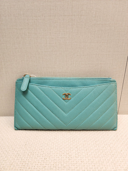 Chanel Turquoise Caviar Zip Slim Wallet (LGHW)