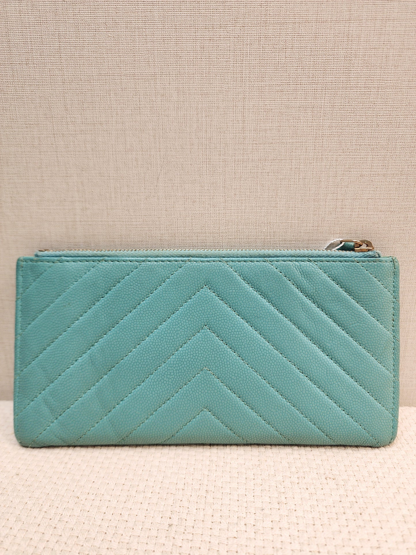 Chanel Turquoise Caviar Zip Slim Wallet (LGHW)