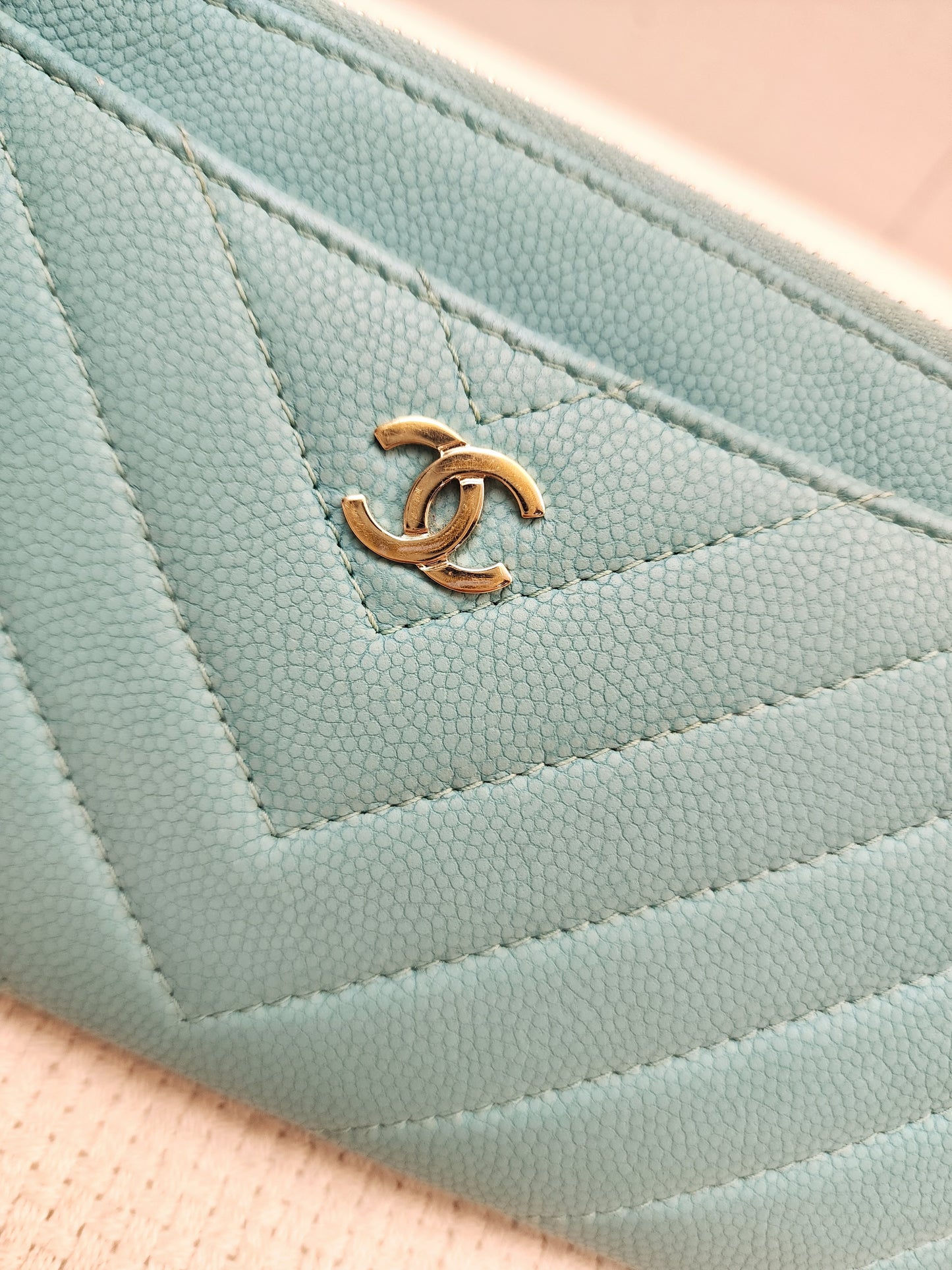 Chanel Turquoise Caviar Zip Slim Wallet (LGHW)