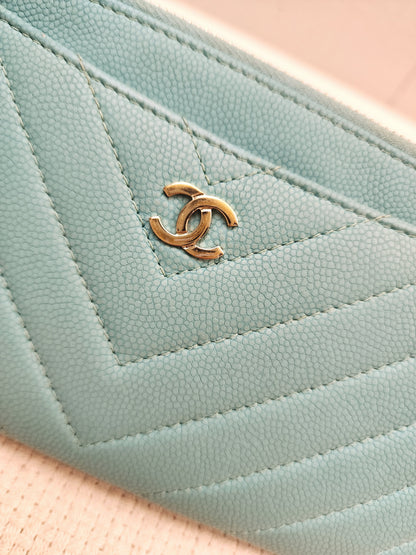 Chanel Turquoise Caviar Zip Slim Wallet (LGHW)