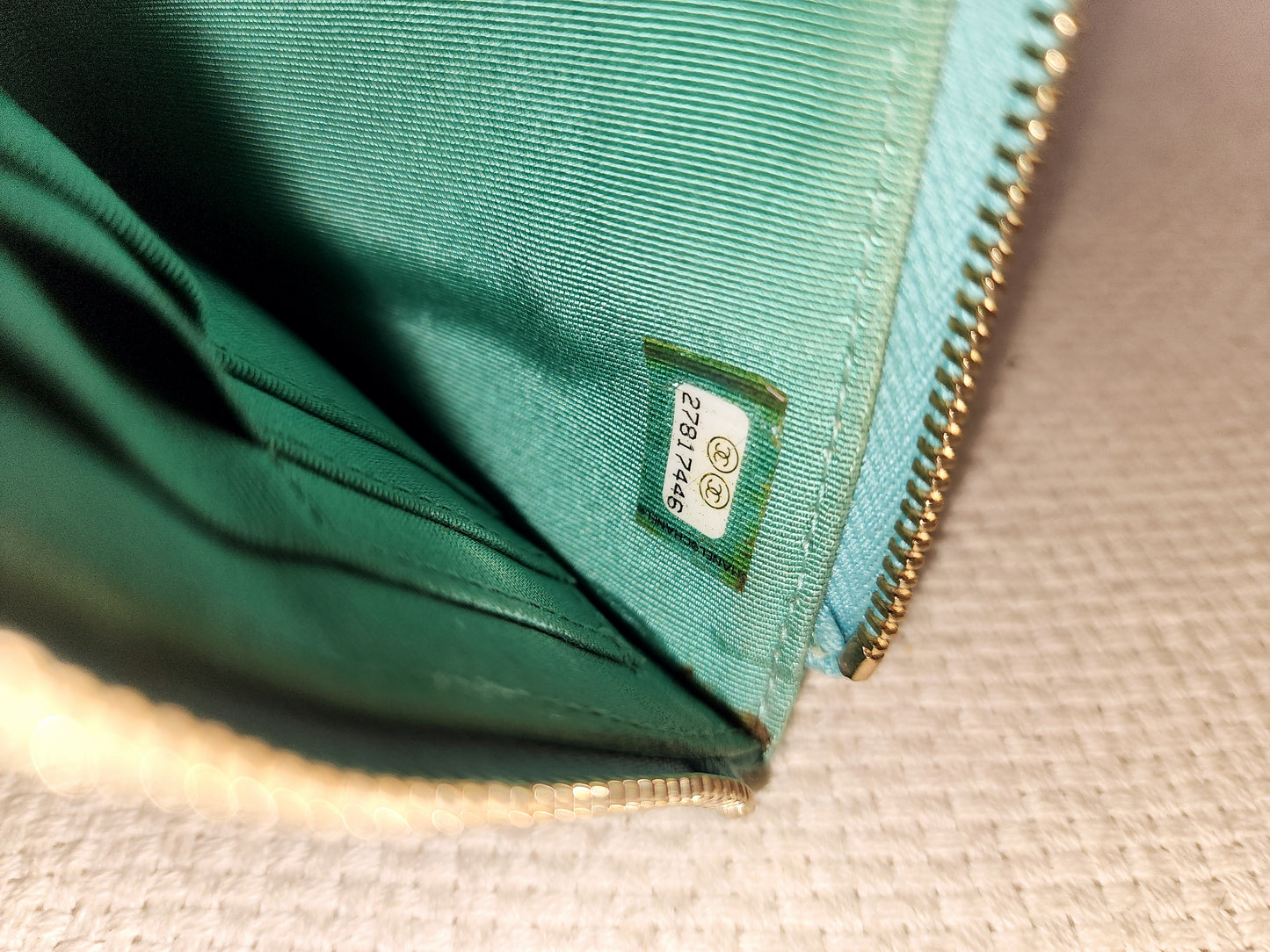 Chanel Turquoise Caviar Zip Slim Wallet (LGHW)