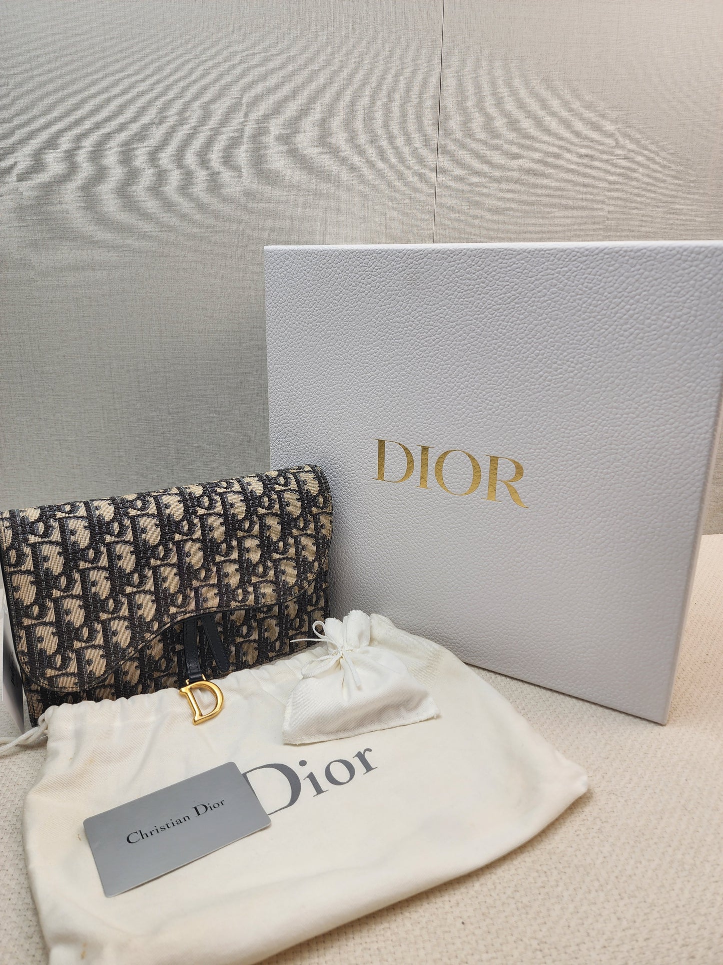 Dior Navy Oblique Large Saddle Pouch w Chain