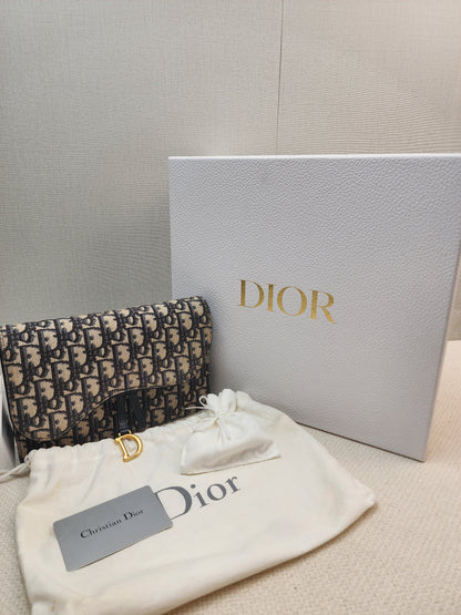 Dior Navy Oblique Large Saddle Pouch w Chain