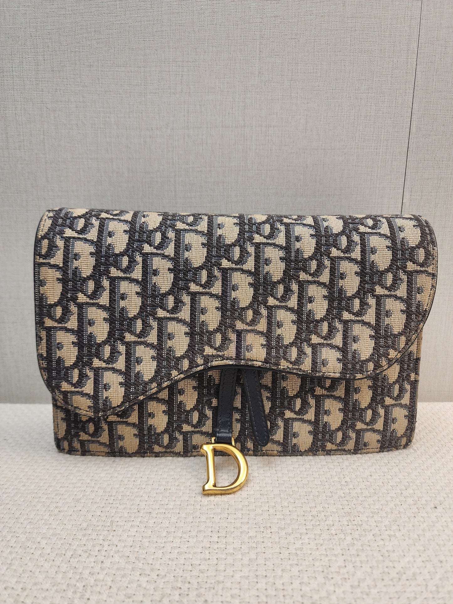 Dior Navy Oblique Large Saddle Pouch w Chain