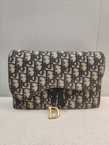 Dior Navy Oblique Large Saddle Pouch w Chain