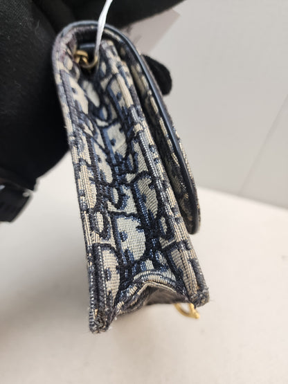 Dior Navy Oblique Large Saddle Pouch w Chain