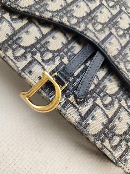 Dior Navy Oblique Large Saddle Pouch w Chain